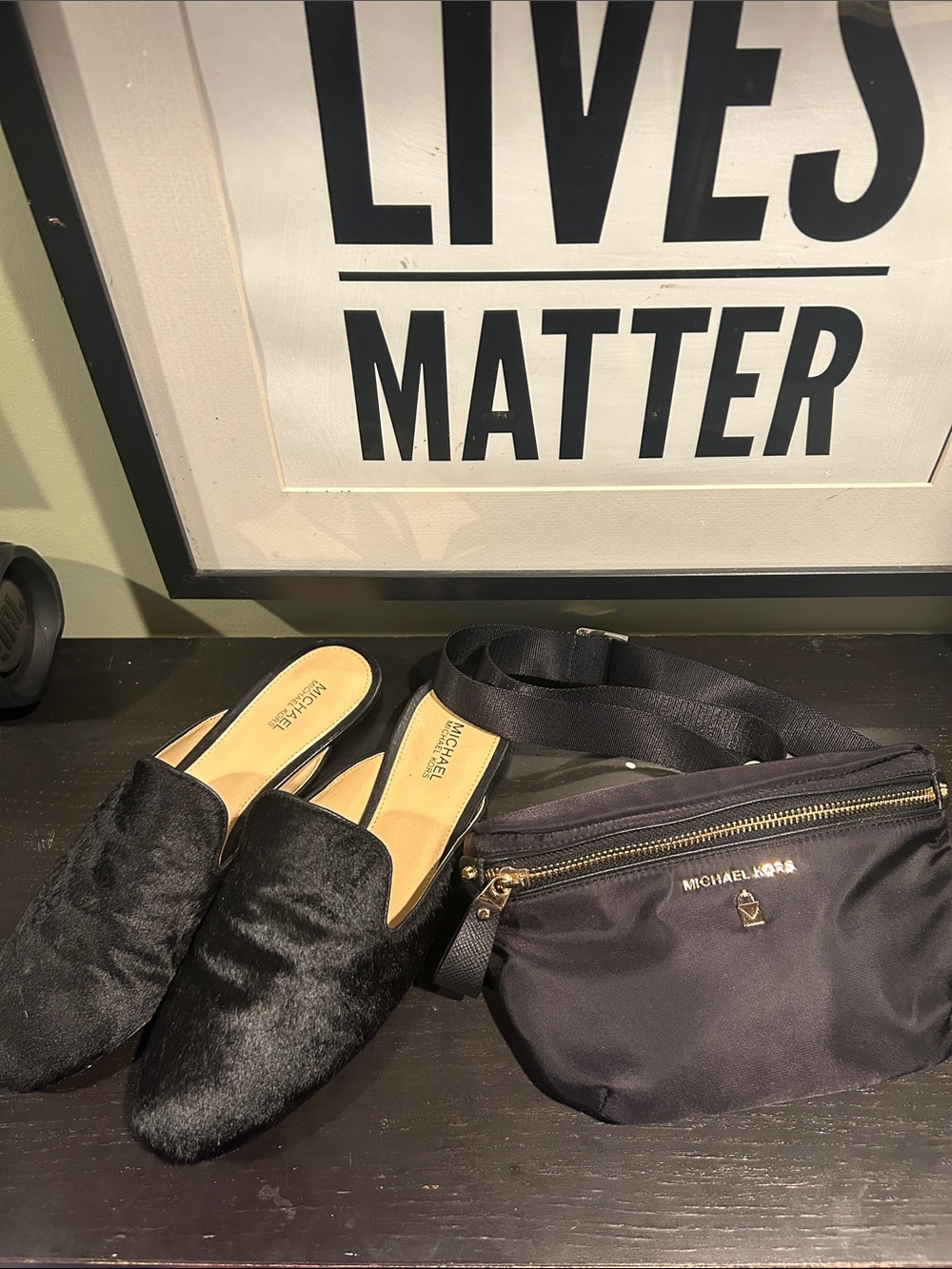 Michael Kors Black Nylon Belt Bag with Black Faux Fur Slip-On Mules
